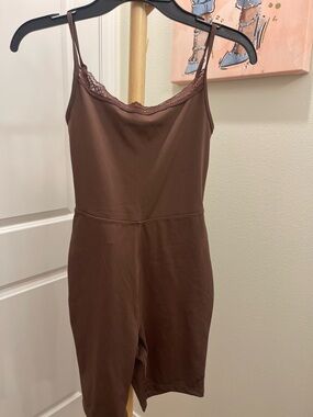 Women's Brown Lace-Trim Slip Romper